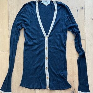 Yves Saint Laurent Dark Blue silk/cashmere Cardigan with Light Beige Accents